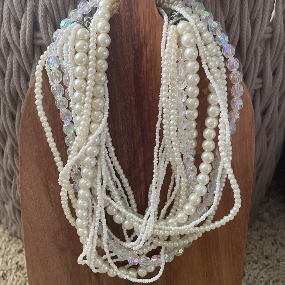 Multi-strand White Pearl Seed Bead AB Aurora Borealis Crystal Necklace Glass